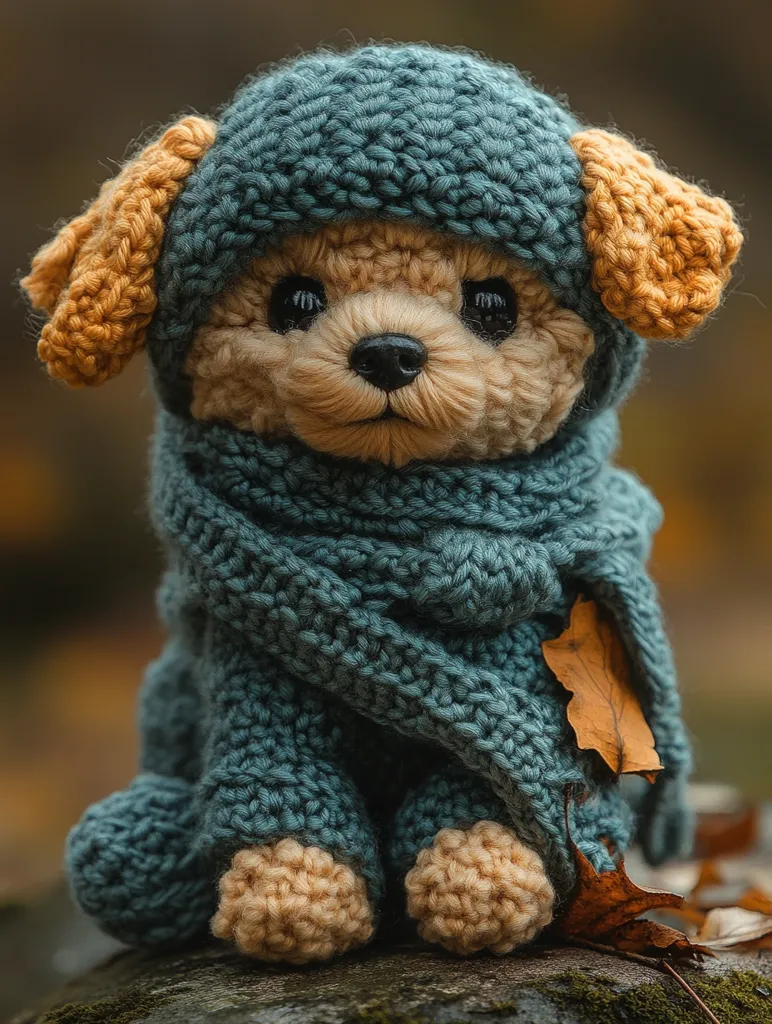 A crocheted dog toy is wearing a teal blue knitted hat and scarf. The dog has a sweet expression on its face and is sitting on a rock with autumn leaves around it. The crocheted details are intricate and give the toy a charming and cozy look. The soft colors and textures evoke feelings of warmth and comfort.