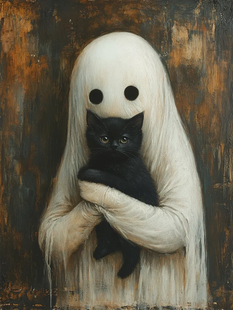 A white ghost, with two black eyes, is holding a small black cat in its arms. The ghost has a soft, flowing form and the cat looks up with big, curious eyes. The background is a textured brown, suggesting a wooden or stone surface.  The image evokes a sense of mystery and the supernatural, with a hint of tenderness.
