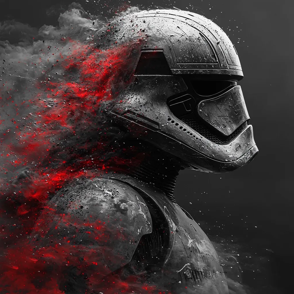 A Stormtrooper from Star Wars stands in profile, his helmet and armor covered in black and white detail. A red mist swirls around his head, obscuring the background.  The image is gritty and dramatic, evoking the intensity of a battlefield. The Stormtrooper's helmet, with its iconic design, is a striking focal point.  The red mist adds a sense of energy and chaos.  Overall, the image creates a sense of mystery and intrigue.