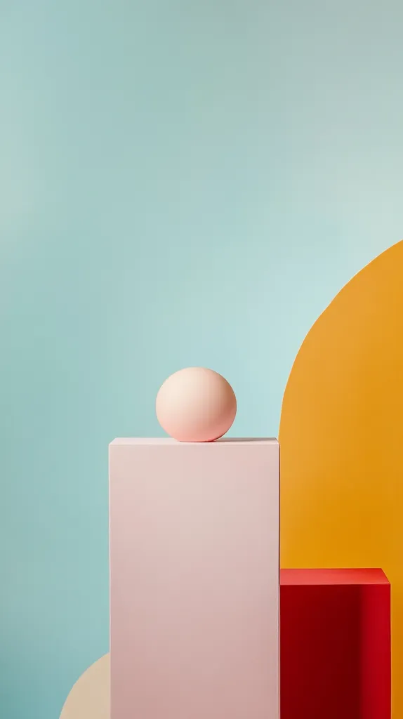 A pink sphere sits on a pale pink platform. The platform is set against a background of muted blue, yellow and red. The platform is in front of a red shelf and a curved yellow shape. The image is simple and minimalist.