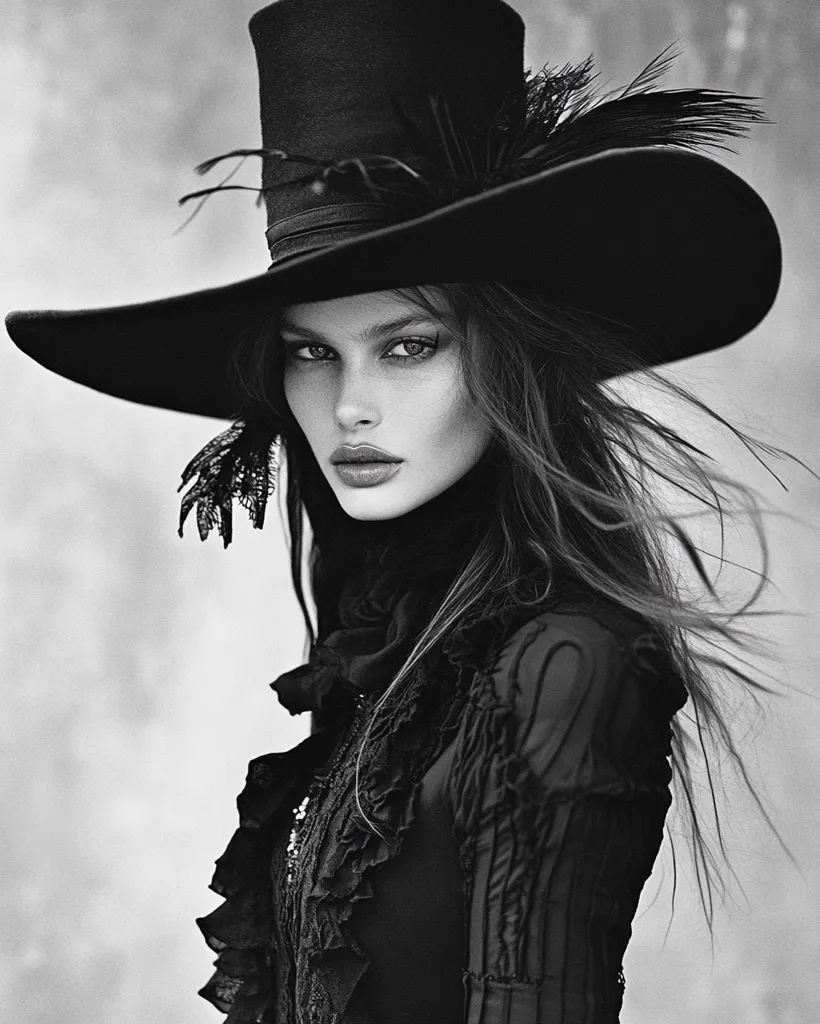 A woman in a large, wide-brimmed black hat with feathers is the focal point of this image. The hat casts a shadow over her face, highlighting her piercing gaze and full lips. Her dark hair flows around her shoulders, partially obscuring the intricate lace detailing of her black dress. The stark black and white tones create a dramatic and mysterious atmosphere.