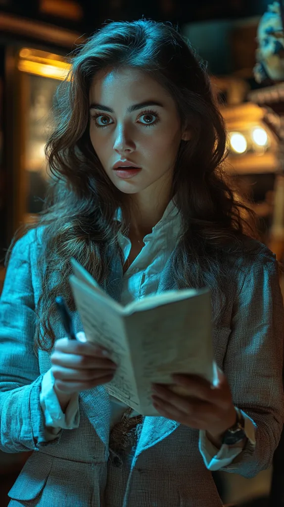 A young woman with long dark hair, wearing a grey blazer, holds a book open in her hands.  She is looking down at the book, with a focused expression. Her face is illuminated by a soft blue light. She is sitting in a dimly lit room with a bookshelf in the background. The image evokes a sense of mystery and intrigue.