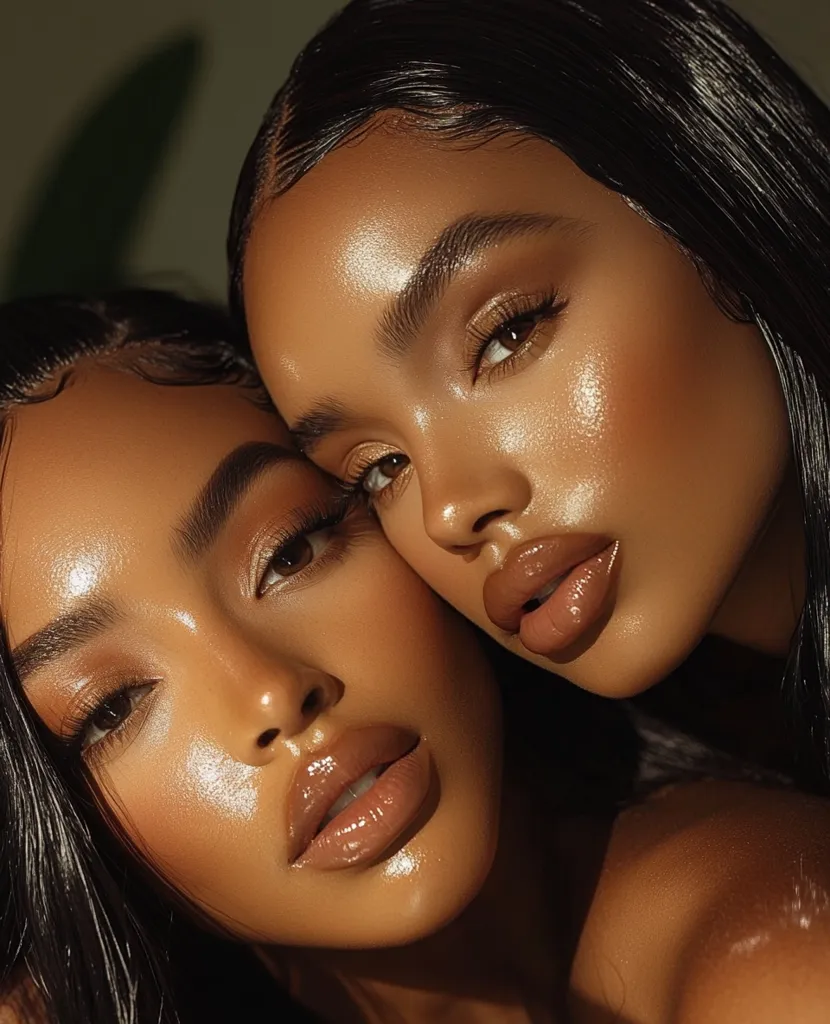 The image shows two women, both with long dark hair, looking at the camera. They have warm brown skin and are wearing makeup. Their lips are glossy, and their eyes are outlined with dark eyeliner. They are posed close together, with their faces almost touching. The lighting creates a warm, soft glow on their skin.