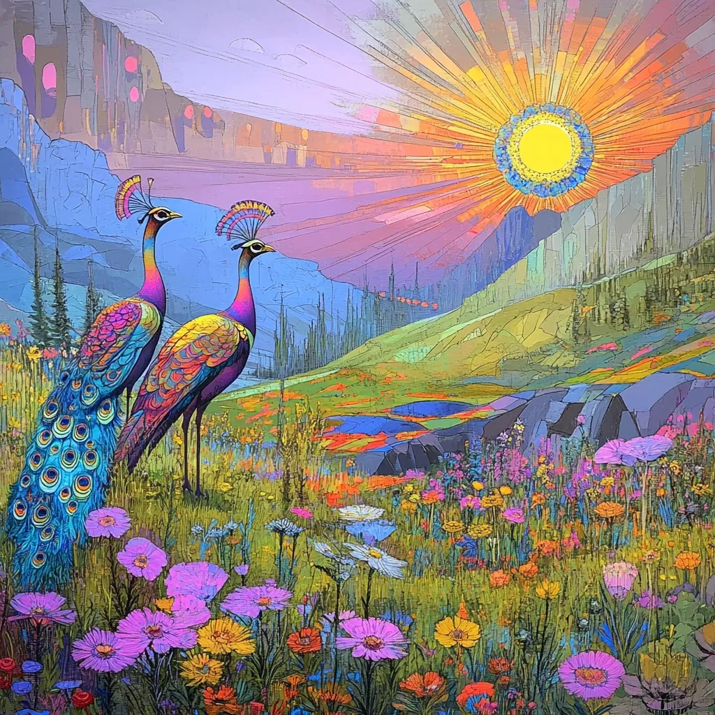 Two peacocks stand in a field of vibrant wildflowers, bathed in the warm glow of a setting sun. The landscape is a mix of rolling hills, rocky outcroppings, and a blue, hazy sky. The sun is a bright yellow orb, surrounded by a halo of blue and orange light. The overall mood is peaceful and serene.