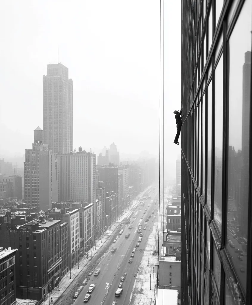 A man dangles precariously from a rope outside a skyscraper in a city with a misty, snowy skyline. The building's sleek facade reflects the surrounding cityscape, while the man hangs suspended in mid-air, offering a stark contrast to the urban landscape.  Below him, a busy street winds through the cityscape.  The image captures a moment of risk and vulnerability against the backdrop of a bustling city.