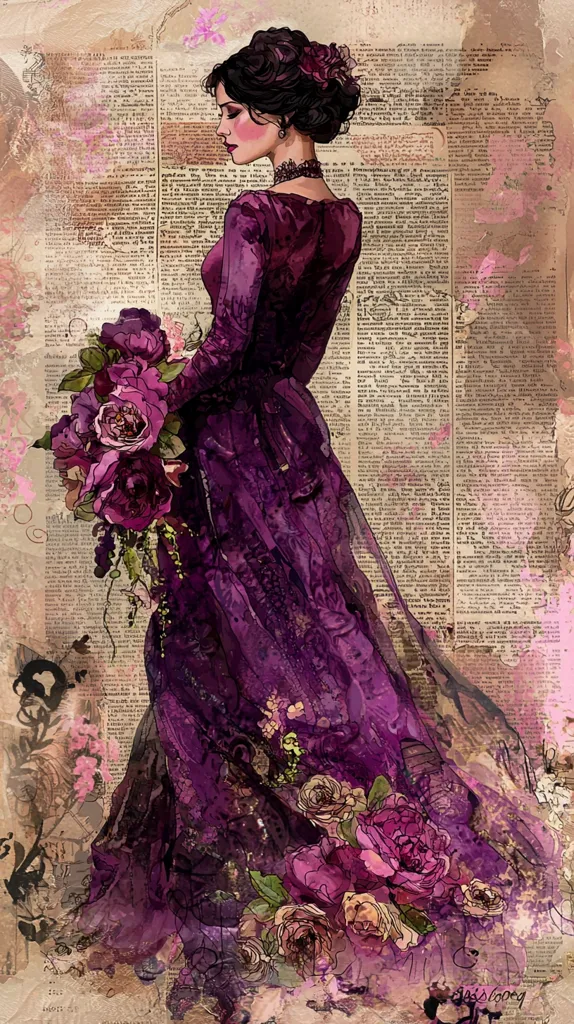 A woman in a long purple gown stands against a backdrop of a vintage newspaper, holding a bouquet of dark pink roses. She has a pensive expression on her face. The image has a painterly, dreamlike quality. The colors are muted and soft, creating a romantic and melancholic atmosphere.