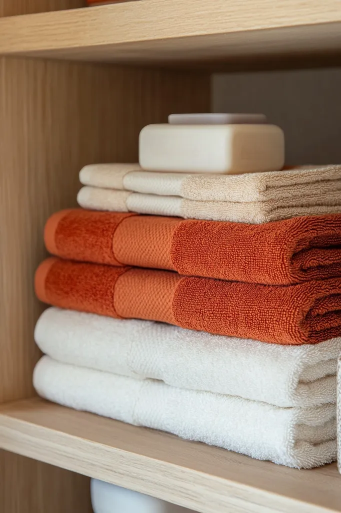A wooden shelf with a stack of towels. The bottom two towels are white, the next two are orange, and the top two are beige. A white soap bar is on top of the towels. The image is taken from a low angle.