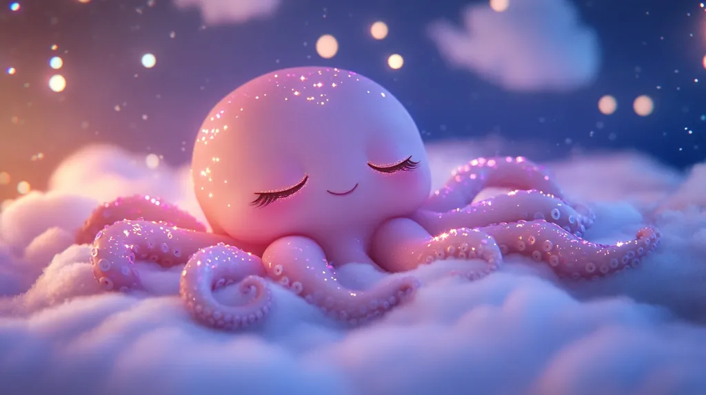 A pink octopus with long eyelashes and a sweet smile lies asleep on a fluffy white cloud.  The scene is bathed in a soft blue light and sprinkled with twinkling stars, creating a magical and dreamy atmosphere. The octopus's skin has a subtle shimmer, adding to the enchanting feel.
