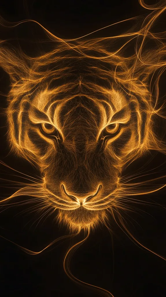 The image is a close-up of a tiger's face, rendered in a glowing, ethereal style. The tiger's eyes are intense and focused, with a powerful presence. The image is dark and moody, with a feeling of mystery and danger. The tiger's fur is depicted as wispy lines of light, swirling and flowing. The overall effect is a dreamlike and otherworldly vision of a majestic predator.