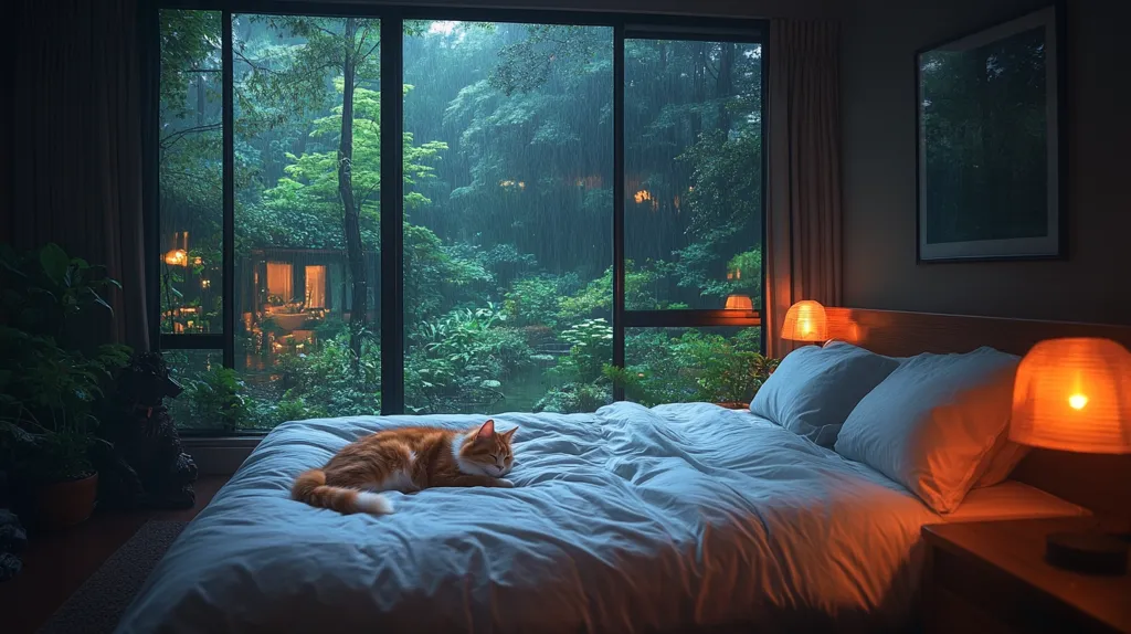 A cozy bedroom with a large window overlooking a lush, green forest. Rain falls softly on the leaves outside, creating a peaceful atmosphere. A fluffy orange cat sleeps peacefully on the bed, while soft lights illuminate the room, casting warm shadows. The bedroom is decorated with simple, natural elements, creating a serene and inviting space.  The bed is made with crisp white linens.  A picture hangs on the wall.  A lamp sits on a nightstand to the right of the bed.