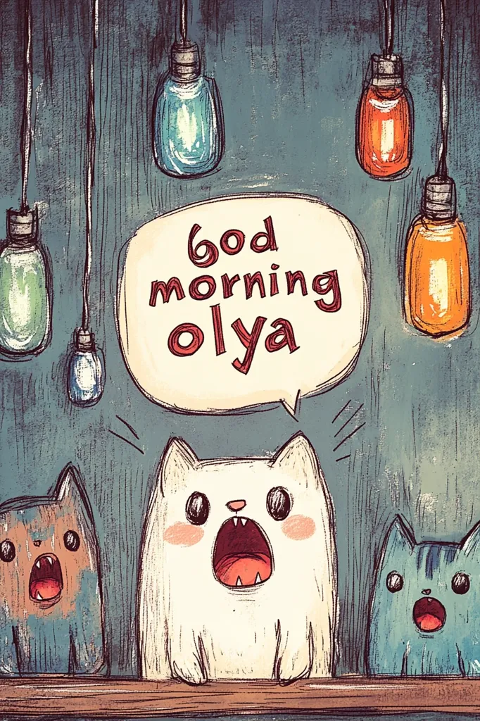 The image features a whimsical illustration of three cats with large, expressive eyes. They are sitting in front of a speech bubble that reads "Good morning Olya," surrounded by hanging lightbulbs. The cats' exaggerated features and the playful background create a charming and humorous scene.