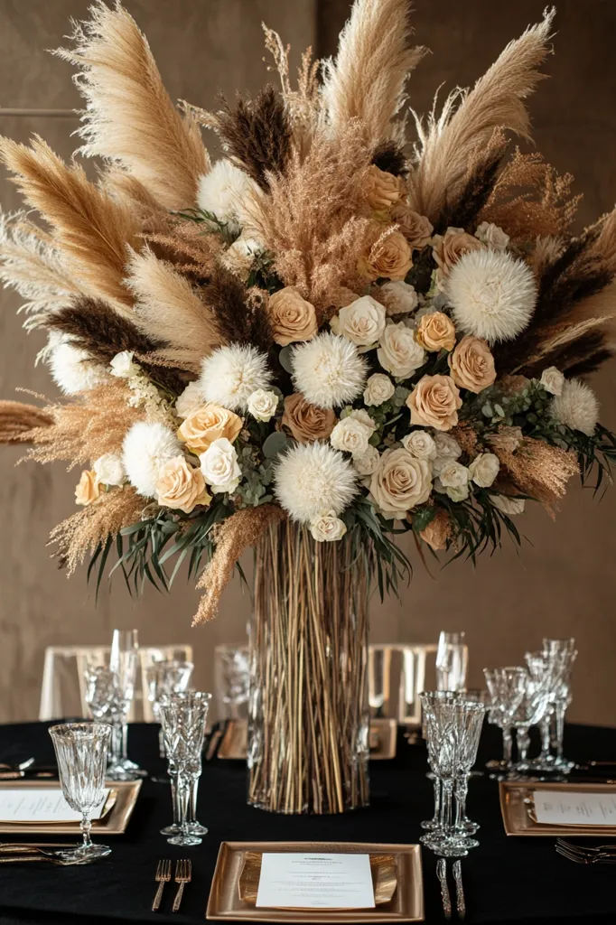A large, elegant centerpiece graces a black tablecloth, featuring a mix of fluffy white and beige flowers and tall, feathery pampas grass. The arrangement is displayed in a tall, rustic vase made of woven twigs. Golden chargers and glasses surround the centerpiece, creating a luxurious and minimalist setting.