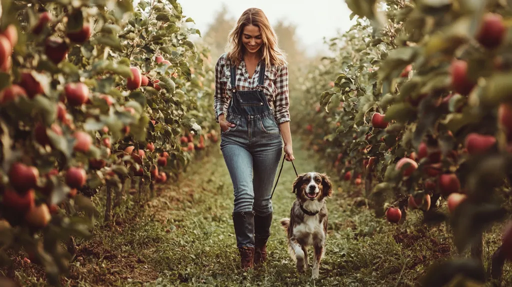 A woman in overalls and a plaid shirt walks through an apple orchard with her dog. She is smiling and looks down at her dog, who is excitedly trotting along. The orchard is full of red apples hanging from the branches, and the ground is covered in fallen leaves.  The warm light of the setting sun bathes the scene in a golden glow.  The scene is peaceful and idyllic, capturing a simple joy in the everyday.  The woman and dog are clearly enjoying their walk.