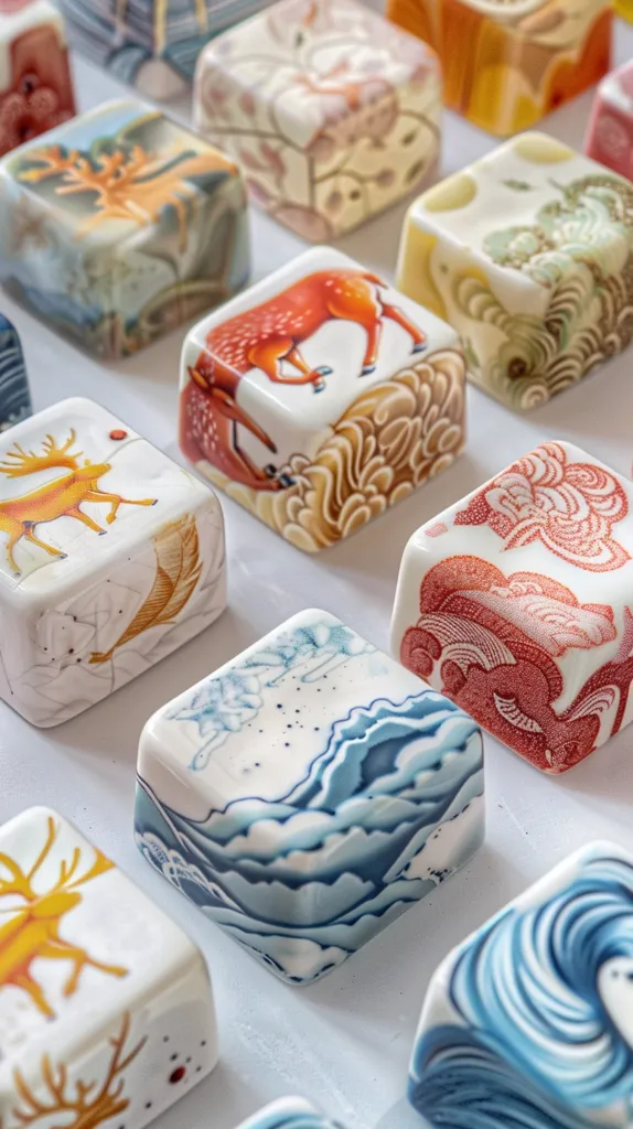 A collection of small, square ceramic boxes, each featuring a unique design. The boxes are arranged in a grid-like pattern, showcasing intricate patterns and images like deer, waves, and abstract motifs. The boxes are crafted with fine detail and delicate brushstrokes, creating a visually captivating and aesthetically pleasing display.