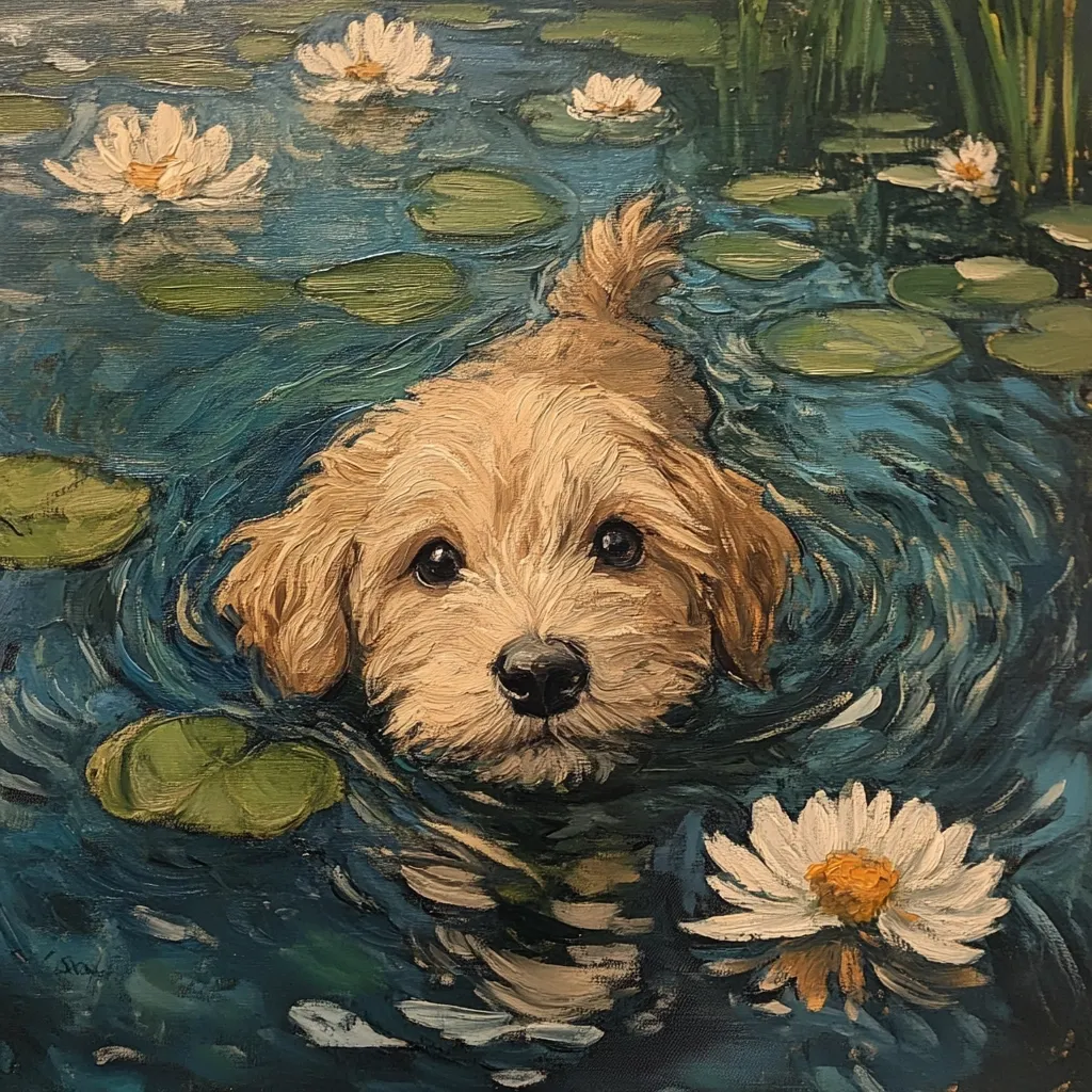 A  fluffy, light brown dog with big, dark eyes swims in a pond. The water is a deep blue, with lily pads and white water lilies floating on the surface. The dog's head is above the water, with its nose and eyes visible, while its body is submerged, creating a sense of movement and energy. The painting is done in a stylized, impressionistic style, with visible brushstrokes adding texture and depth.