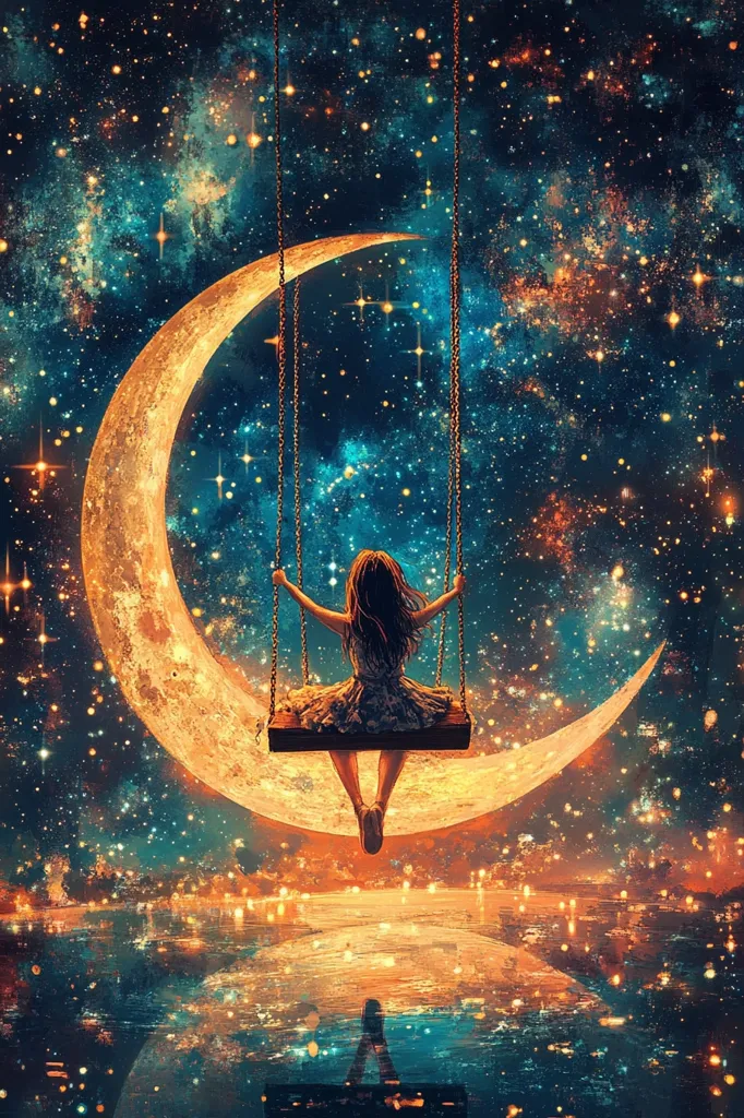 A young girl with long brown hair swings on a swing made of a crescent moon against a backdrop of a swirling, starry night sky. The girl wears a light-colored dress and looks up at the twinkling stars, seemingly lost in thought. The image is filled with dreamy, celestial elements, creating a sense of wonder and magic.