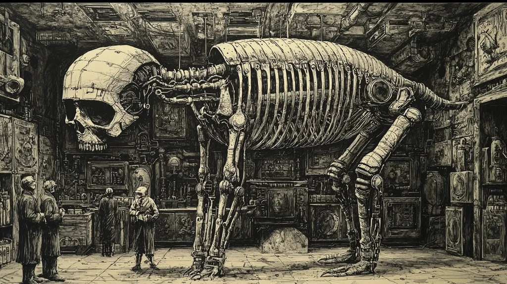 A skeletal, robotic creature stands in a cluttered, mechanical space. The creature's head is a skull, and its body is a complex network of gears, pipes, and wires. It towers over a group of three figures, who stand in the foreground, their faces hidden by shadows. The image is rendered in intricate black and white, giving it a gritty, dystopian feel.