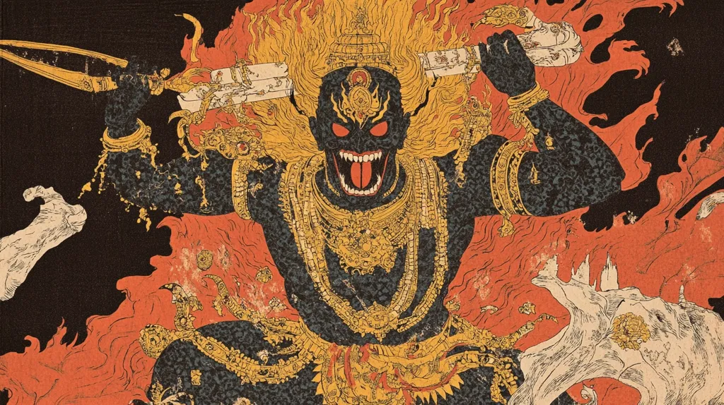 The image depicts a fierce, black-skinned deity with a menacing expression.  He is adorned with intricate gold jewelry and a crown, and his head is engulfed in flames. He holds a golden weapon, and his fiery form is surrounded by swirling red and orange patterns. The artwork appears to be from a traditional Asian style, likely depicting a deity associated with fire or destruction.  The image evokes a sense of power and danger.