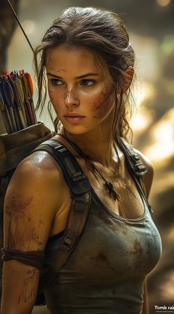 A young woman with long brown hair is dressed in a dirty tank top and carrying a quiver of arrows on her back. She is standing in a forest and her face is covered in dirt and sweat, suggesting she has been on a long and arduous journey. Her eyes are focused and determined, indicating she is ready for whatever challenges lie ahead.  She is a strong and independent woman, a warrior in her own right.  The image exudes a sense of adventure and danger.