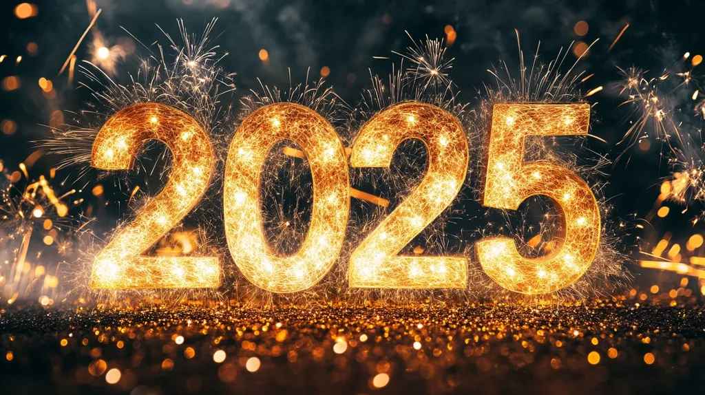 The image is of the year 2025 spelled out in large, sparkling letters, made of gold and light. The background is blurred, creating a shimmering effect. The letters are illuminated by bright lights, resembling fireworks and creating a celebratory atmosphere. The image evokes a feeling of joy, excitement, and anticipation for the new year.
