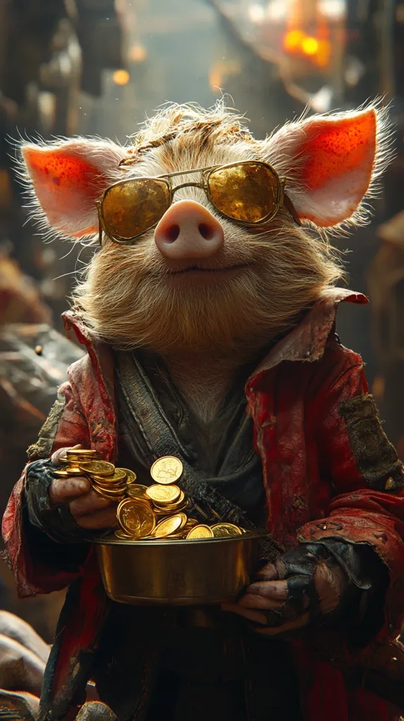 A pig wearing a red jacket and sunglasses holds a bowl full of gold coins. The pig has a mischievous grin and looks directly at the camera. The background is blurred and out of focus, making the pig the center of attention. The image has a whimsical and adventurous feel.