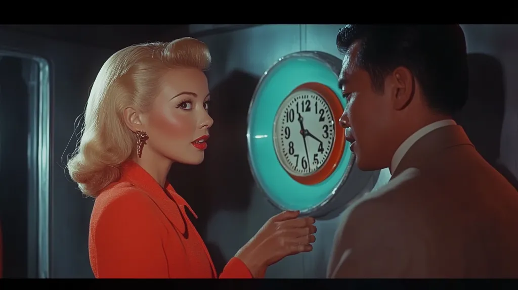 A woman with blonde hair styled in a 1950s fashion is wearing a red dress and a large earring. She is looking at a man who is wearing a brown suit and a white shirt. He is looking past her, towards a large clock behind her. The clock has a blue face with a red outline and white hands. They are in a dark room with a blue wall behind the woman. The image has a retro film look.