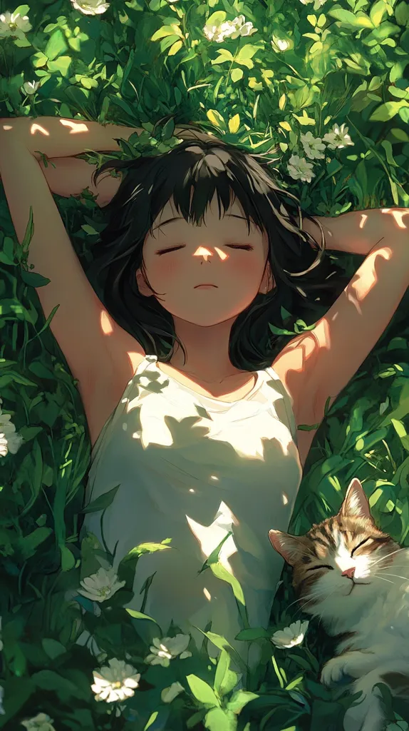 A young woman with long black hair lies asleep in a field of green grass and white flowers, her arms outstretched and a cat sleeping beside her. Sunbeams fall through the leaves and onto her face, casting shadows on her white tank top. The image is peaceful and serene, with a sense of tranquility.