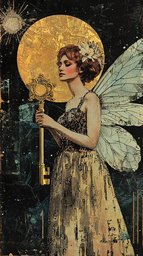 A woman with large, white wings stands in front of a large, golden moon. She wears a long, flowing dress and holds a large, ornate key in her right hand. Her face is serene and her eyes are closed. The background is dark and textured, suggesting a celestial setting. The image evokes a sense of mystery and enchantment.