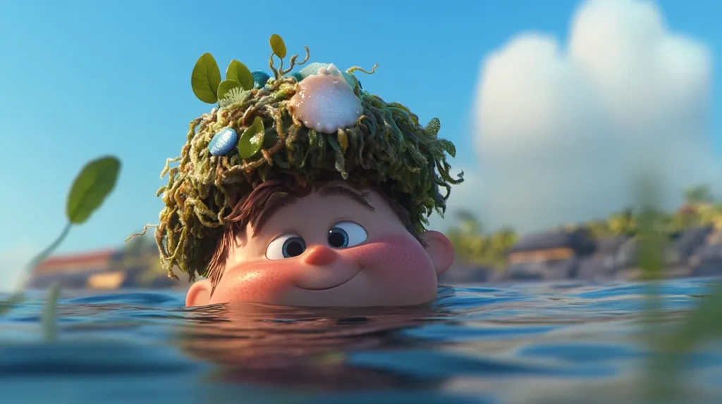 A cartoon character with a head full of seaweed and a shell is swimming in a clear blue water. The character is smiling and has rosy cheeks. There are some green plants in the water and a large white cloud in the background. The image is bright and cheerful.