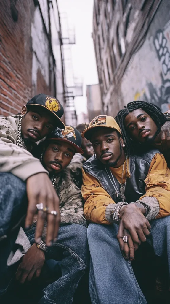 Three young men, wearing baseball caps and jeans, pose in an urban setting. They are positioned in a narrow alleyway between brick buildings, with graffiti on the walls. The man on the left wears a beige jacket, while the two on the right sport a camo and an orange jacket, respectively. They look directly at the camera with a mix of confidence and seriousness. The photo captures a glimpse into their lives, showcasing their youth, urban environment, and sense of style.