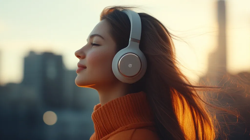 A young woman with long brown hair is wearing headphones and looking out at the city skyline. Her eyes are closed and her mouth is slightly open, as if she is enjoying the music. The sun is setting in the background, casting a warm glow on her face. The image captures a moment of peace and tranquility.