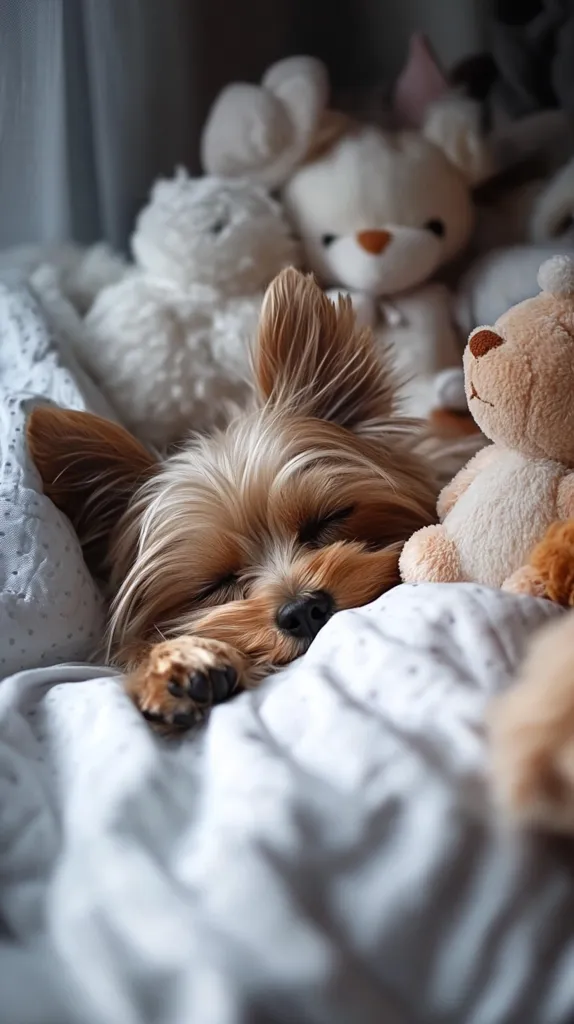A small, brown and white Yorkshire Terrier dog is sleeping soundly on a bed. It is surrounded by several white stuffed animals, some of which are also sleeping. The dog's paws are visible and its eyes are closed. The bed is made up with white sheets and a soft blanket. The dog is peacefully asleep in its cozy bed.