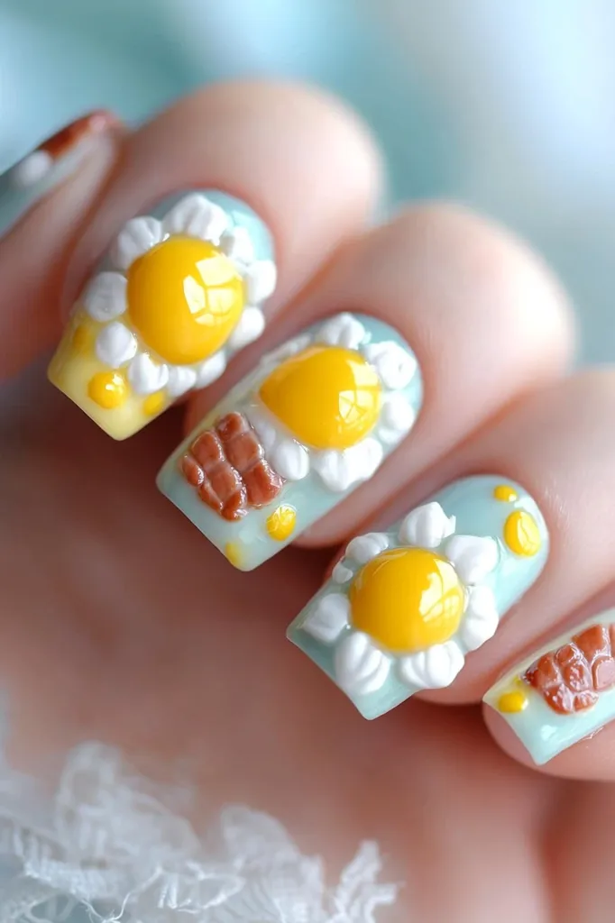 A close-up shot of a hand with four fingernails painted with a light blue base. Each nail is adorned with a white and yellow daisy with a large, shiny yellow center. The daisies are raised and look 3D. The ring finger also has a brown design. The background is blurred, but appears to be white and blue.