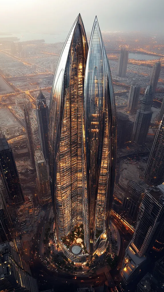 An aerial view of a futuristic skyscraper complex in a city at dusk. Two tall buildings, with sleek, pointed facades, dominate the skyline. The buildings are illuminated with warm light, creating a dramatic contrast against the dark cityscape. The surrounding urban environment is filled with smaller buildings, roads, and trees, all illuminated by streetlights and the glow of the city. The image evokes a sense of modern urban living and the dynamism of a bustling city.