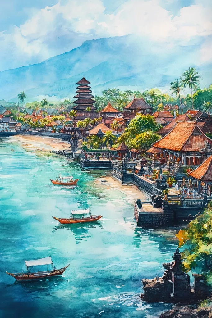 A watercolor painting depicting a serene coastal scene in Bali. A traditional temple complex sits on the shore, with a tiered roof and intricate details. Palm trees and lush foliage surround the buildings. Boats gently bob on the turquoise waters, creating a tranquil and inviting atmosphere. The distant mountains add a sense of depth and grandeur to the composition.