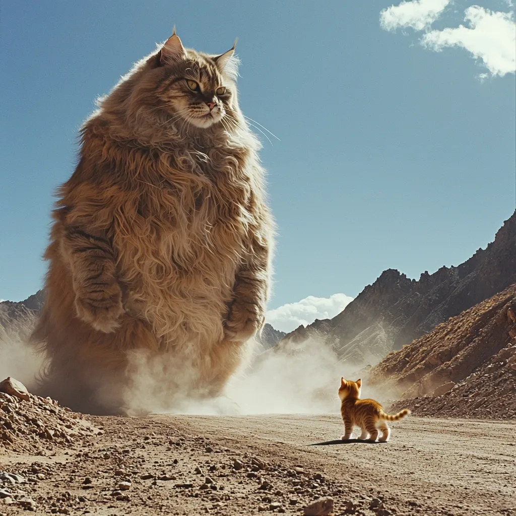 A giant, fluffy cat stands in a desert landscape, its paws kicking up dust. In the foreground, a small, orange tabby cat stares up at the giant cat, dwarfed by its size. The mountains in the background add to the dramatic and surreal scene. The image is humorous and fantastical, with a sense of awe and wonder.