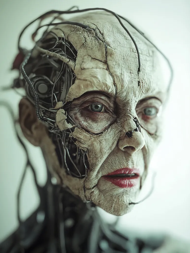 The image is of a woman with pale skin and deep wrinkles, her face seemingly cracked open and filled with intricate wires and mechanical parts. Her left eye stares out with a piercing blue gaze, while her right eye is obscured by wires. Her lips are painted a bright red, a stark contrast to the starkness of her face. The image evokes a sense of unease and otherworldliness.
