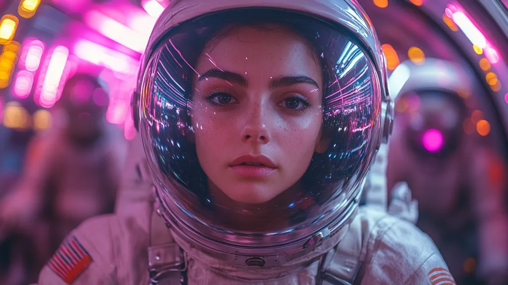 A close-up of a young woman wearing an astronaut helmet. The helmet's visor reflects a cityscape bathed in neon pink and blue lights. The woman's eyes are focused, and her expression is determined. The background is a blurry mix of out-of-focus lights and shapes.