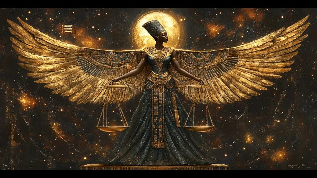 The image depicts a powerful female figure with golden wings, adorned in intricate jewelry and a long, flowing gown. She holds scales of justice, a symbol of balance and fairness. The background is a dark, starry sky with a luminous moon, suggesting a celestial and divine setting. The image is a powerful representation of feminine strength and the importance of justice.