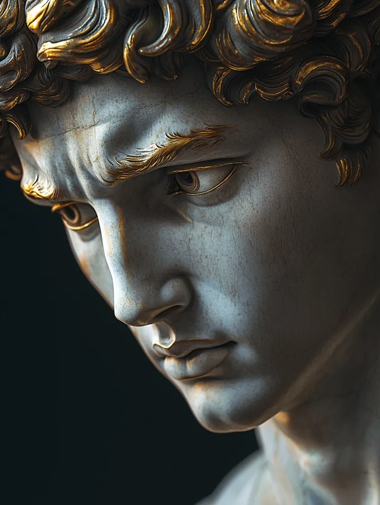A close-up of a marble statue of a man's face, with a gold sheen on the hair and highlights. The statue is finely detailed, showing the wrinkles and lines of the face, as well as the texture of the skin. The man's expression is one of sorrow or contemplation. The background is dark and shadowy, making the statue stand out.  The statue seems to be gazing downwards.  The details are striking and realistic.