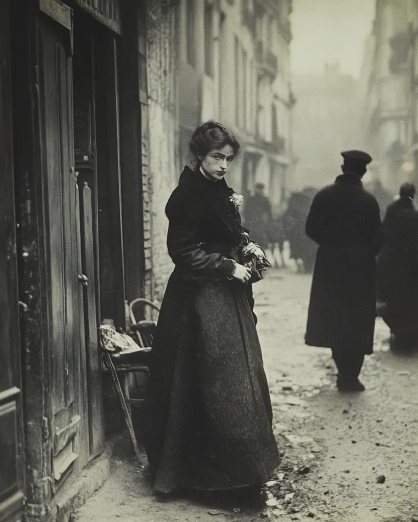 A woman in a long coat stands in a narrow alleyway in Paris. Her face is shadowed, but she stares directly at the camera. A man in a cap walks away in the distance. The image is in black and white, and the alleyway is mostly empty. The woman's clothing is worn and her posture is slightly slouched, suggesting a life of hardship. The overall mood of the image is somber and melancholic.