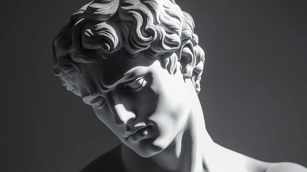 A black and white close-up shot of a marble statue of a man's head and shoulders. The man has curly hair and his head is tilted down. He has a serious expression with his mouth slightly open.  The lighting creates a dramatic contrast between the light and shadow. The background is a solid gray.