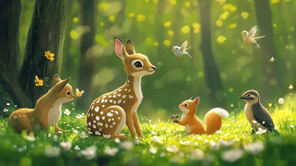 A fawn, a fox, and a bird are gathered in a sunny forest clearing. The fawn sits upright, watching the birds fly by. The fox holds a flower in its paw and looks at the fawn. The bird sits on the ground, looking up at the scene. The background is a vibrant green forest with light shining through the trees. The image depicts a peaceful and harmonious scene.