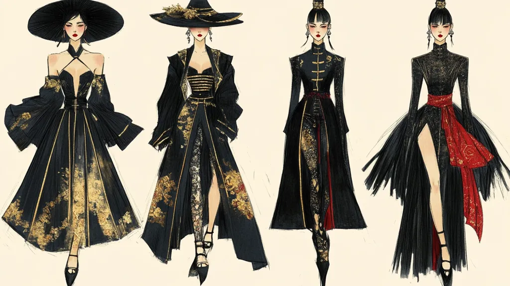 The image depicts four fashion illustrations of women in black dresses. Each woman has a unique style, with one wearing a wide-brimmed hat, another a long coat, and the others a more fitted look. The dresses feature gold and black patterns, and one has a striking red sash.  The illustrations are done in a simple, elegant style, capturing the essence of the garments and the models' poses.