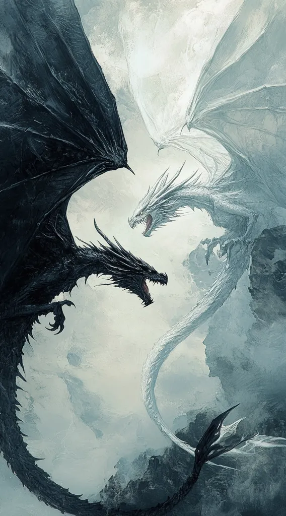 A black dragon and a white dragon face each other in a dramatic scene. The black dragon has its wings spread wide, while the white dragon is poised to strike. The background is a hazy, cloudy sky, with hints of grey and white. The dragons' contrasting colors symbolize the forces of darkness and light. The scene is full of tension and anticipation.