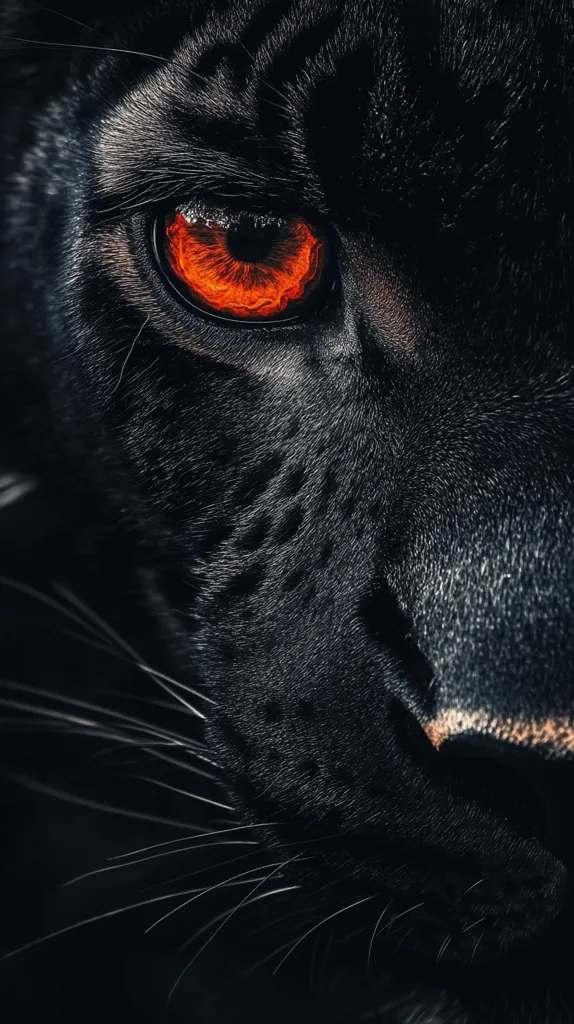 The close-up image shows a black panther's eye, with a blazing orange iris and black pupil. The fur around the eye is dark and sleek, with a few wispy whiskers visible. The panther's face is partially hidden in shadow, creating a sense of mystery and power. The image evokes a feeling of wildness and danger.