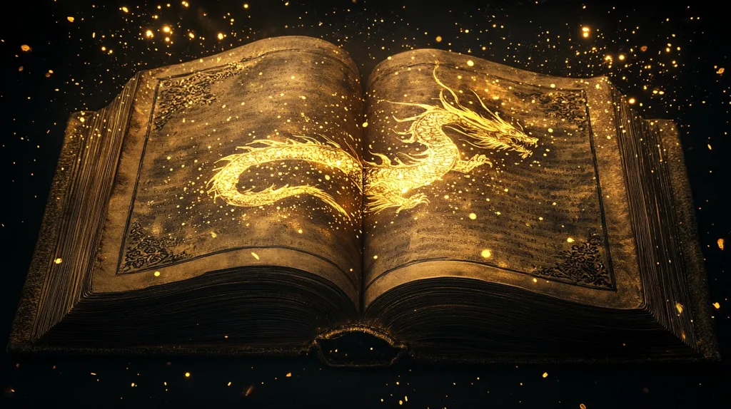 An open, ancient-looking book lies on a dark surface, bathed in golden light. Its pages are filled with intricate details, and a golden dragon is drawn in a swirling, ethereal pattern. The image is evocative of magic and the mystical, with sparks of light falling around the book like a constellation of stars.