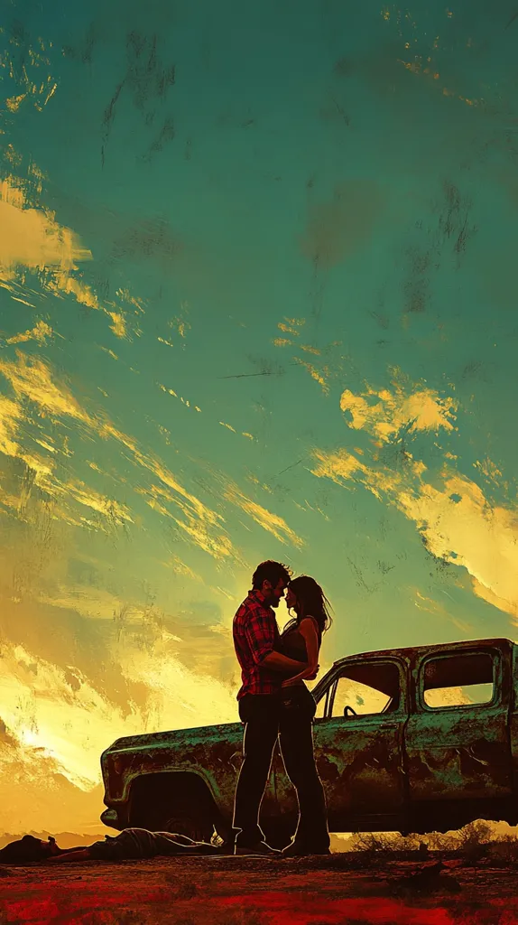 A couple is embracing in front of a vintage pickup truck. The man is wearing a plaid shirt and jeans, while the woman is wearing a dark dress. The couple is silhouetted against a sunset sky with vibrant hues of yellow, orange, and green. The truck is weathered and rusty, adding to the rustic and nostalgic feel of the image. The overall mood is romantic and melancholic.