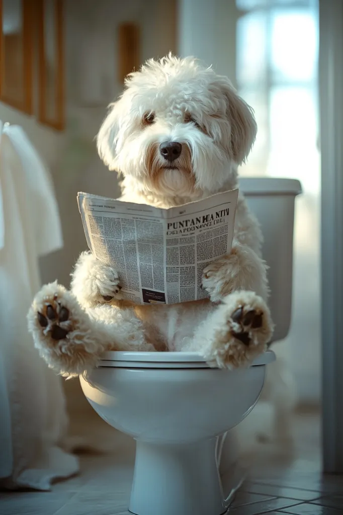 A white fluffy dog sits on a white toilet, reading a newspaper. The dog's paws are visible on the toilet seat, and its head is tilted down, intently focused on the newspaper. The bathroom is clean and well-lit, with a simple, white tile floor. The dog's expression is serious, making it appear as if it is taking its toilet time seriously.