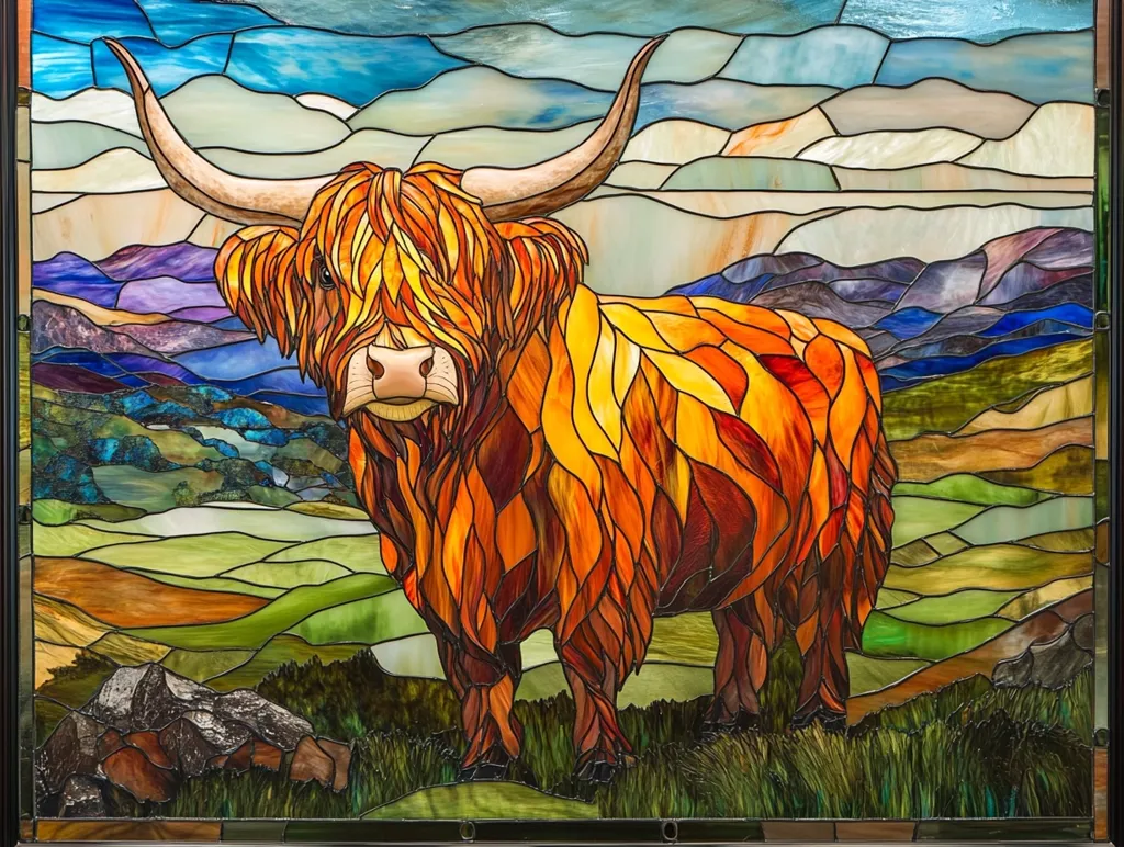 A stained glass window depicts a Highland cow standing in a field with rolling hills in the background. The cow has long, shaggy fur and large, curved horns. The colors are bright and vibrant, creating a stunning visual effect. The window is framed in wood and appears to be very old, suggesting it has been a cherished piece for many years.